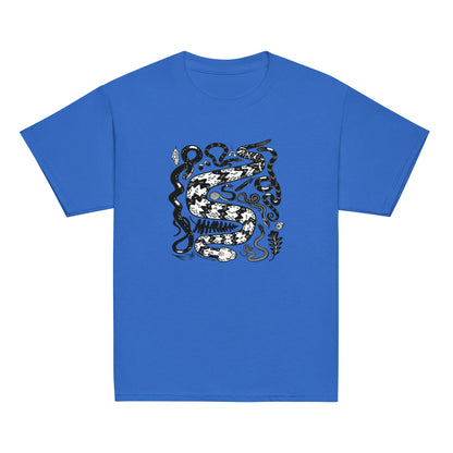 A youth sized royal blue short-sleeved t-shirt with seven snakes printed on the front in black and white.