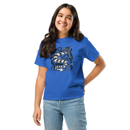 A girl wearing a kid's sized seven snakes t-shirt in blue.
