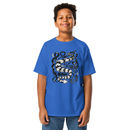 A little kid wearing a royal blue seven snakes short-sleeve t-shirt.