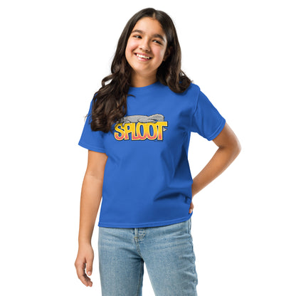 A young girl wearing the royal blue squirrel sploot short-sleeved shirt.