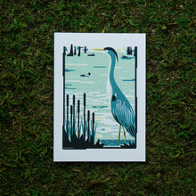 Load image into Gallery viewer, An art print of a heron in a swampy wetland.