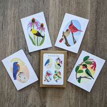 Load image into Gallery viewer, A package of notecards with a four notecards arranged around it. The cards each feature an illustration of a birds: an eastern bluebird, an American goldfinch, a male and female American cardinal, and a ruby-throated hummingbird.