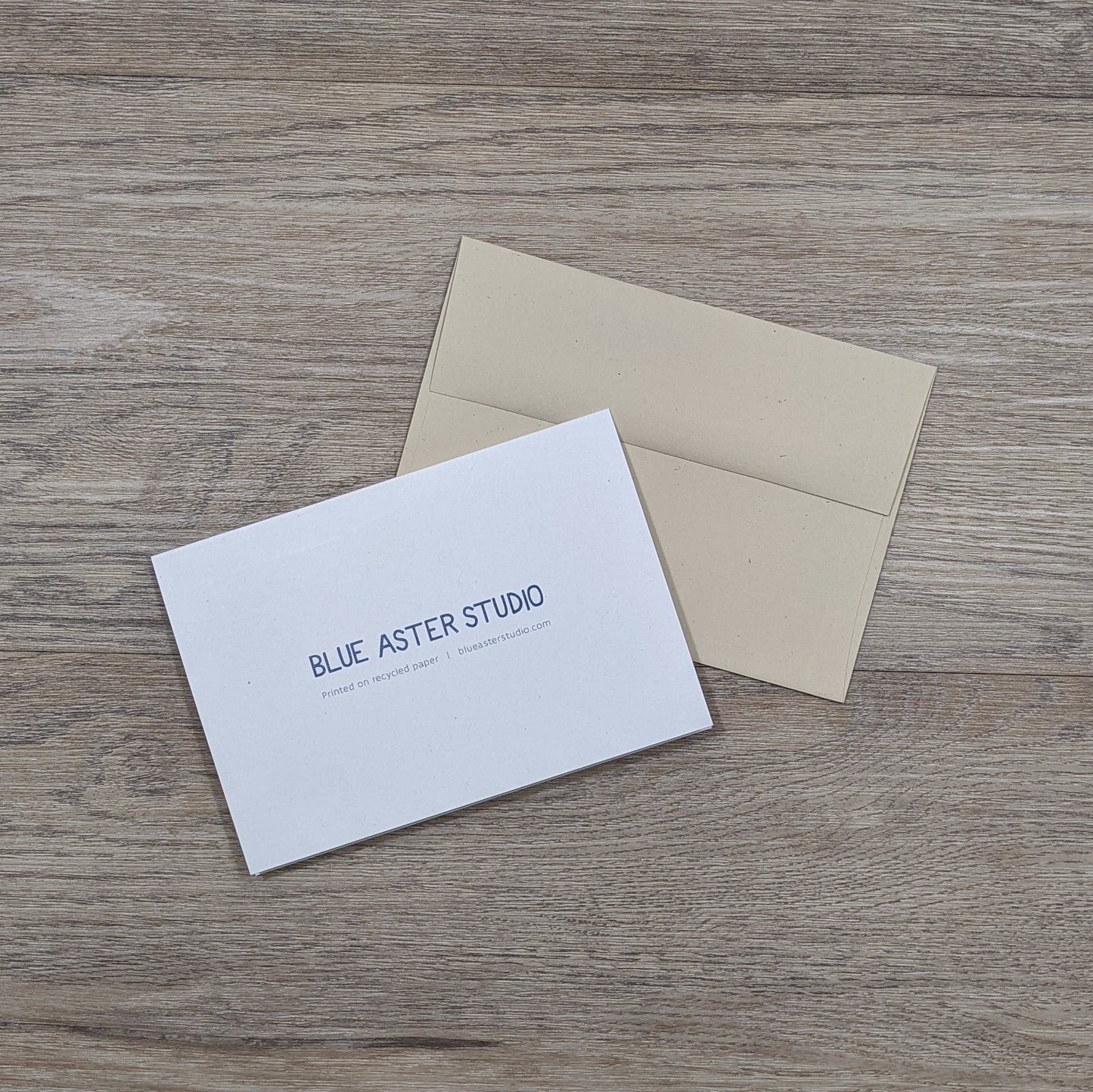 The back of the turtle card showing the Blue Aster Studio logo, website address, and that the cards are printed on recycled paper. This is sitting next to the natural speckled brown envelope.
