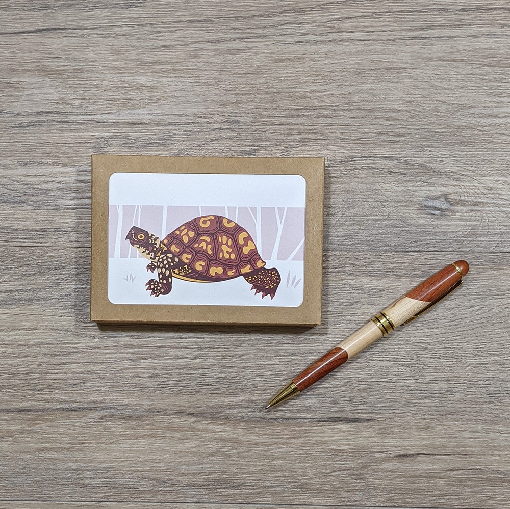 A package of 8 box turtle cards and envelopes shown in their kraft paper box with an open window which reveals the design. Next to the note card pack is a pen.