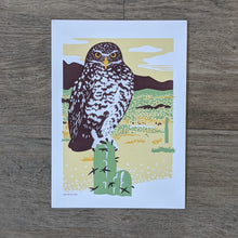 Load image into Gallery viewer, An art print of a burrowing owl perched on a cactus in the desert.