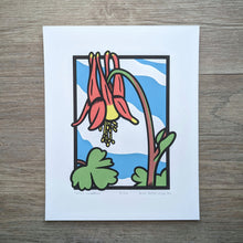Load image into Gallery viewer, An original screen print of a salmon and yellow columbine flower against a blue and white cloudy sky. 