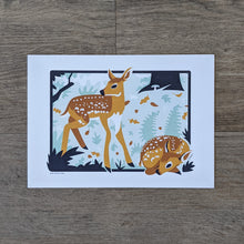 Load image into Gallery viewer, An art print of two fawns in a woodland scene.