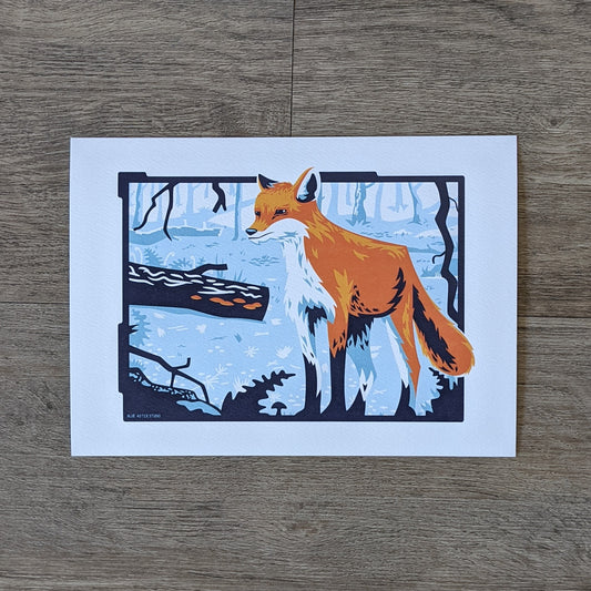 An art print of a fox in a frozen forest scene.