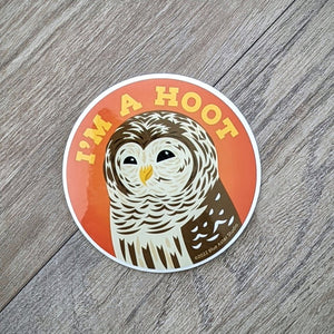 A vinyl sticker with an illustration of a barred owl and the words "I'm A Hoot" above it.