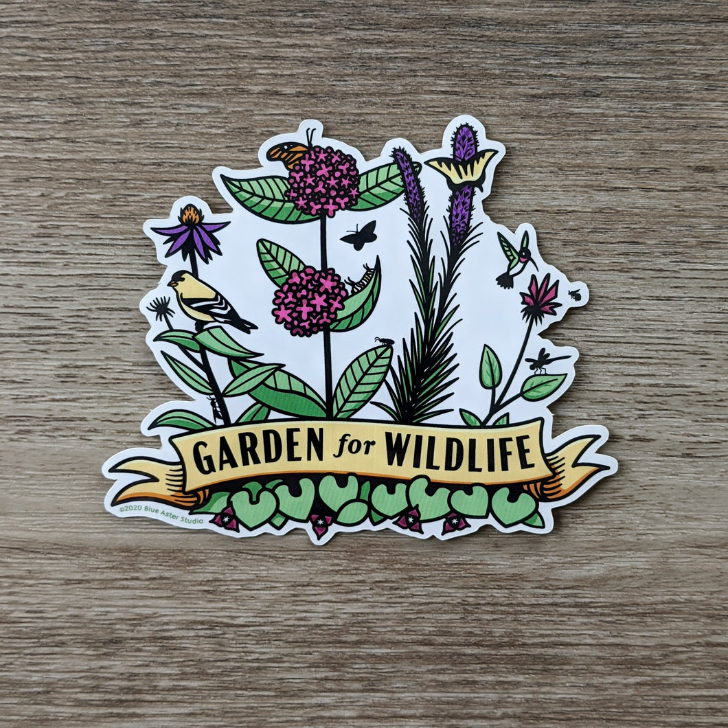 A vinyl sticker with illustrations of native midwestern US plants such as wild ginger, common milkweed, liatris, bee balm, and echinacea with critters all around them including birds, butterflies, and other insects. At the bottome of the sticker there is a banner that reads 