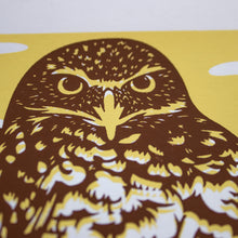 Load image into Gallery viewer, A close-up of the screen print showing just the detail of the burrowing owl&#39;s face.