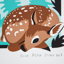 Load image into Gallery viewer, A close-up of the screen print showing the detail of the fawn curled up on the forest floor.