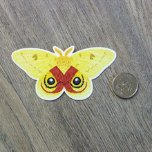 Load image into Gallery viewer, An Io moth sticker on grainy wood background sitting next to a USD quarter for scale.