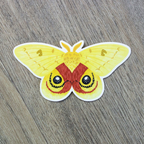 A sticker of the male Io moth, Automerus io, against a grainy wood background. The moth is mostly yellow with bold red markings and black eye spots on its hindwings.