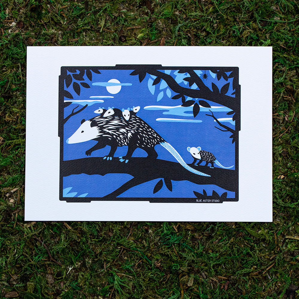 An art print of a mama opossum carrying her babies on a moonlit tree branch.