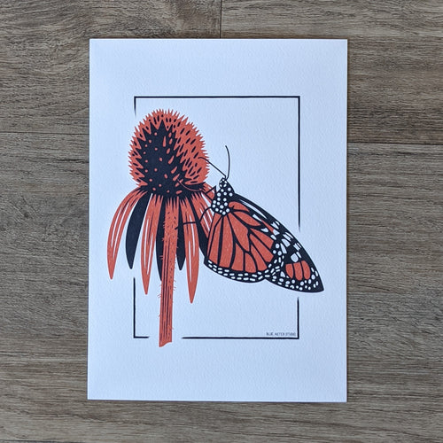 An art print of a monarch butterfly perched on a coneflower.