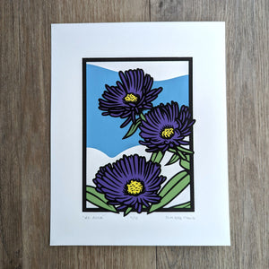A handmade screen print of New England Aster or Symphyotrichum novae-angliae, a native plant in the central and eastern United States.