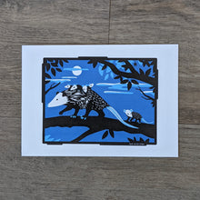 Load image into Gallery viewer, An art print of a mama opossum carrying her babies on a moonlit tree branch.