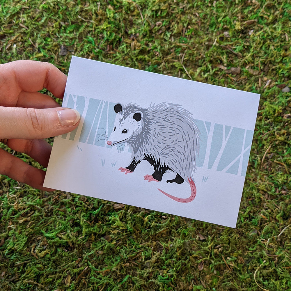 A hand holding an opossum greeting card.