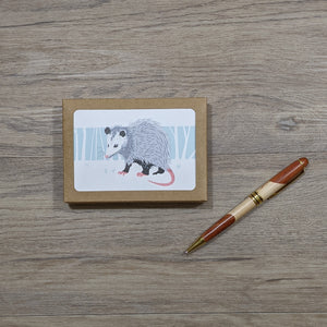 A pack of eight opossum cards and envelopes. The opossum cards are packaged in a kraft paper box which has an open window which reveals the opossum design. 