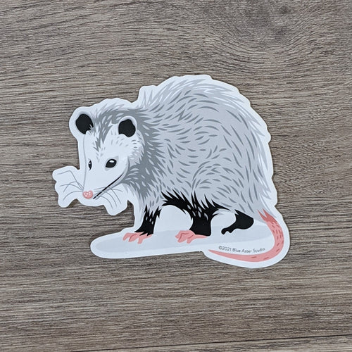 A cute vinyl sticker of an illustrated opossum.