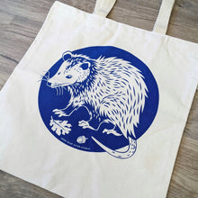 Load image into Gallery viewer, Close up picture of the screen printed opossum design on the tote bag.