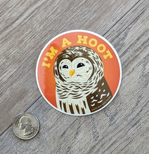 Load image into Gallery viewer, An owl sticker with a USD quarter next to it to show scale.