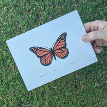 Load image into Gallery viewer, A hand holding a screen print of a monarch butterfly to show scale.