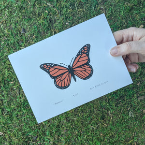 A hand holding a screen print of a monarch butterfly to show scale.