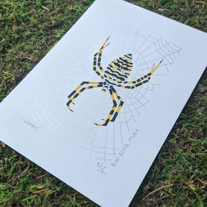 A screen print of an orbweaver spider shown at an angle to demonstrate the shine of the silver ink used to print the web behind the yellow and black spider.