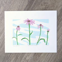 Load image into Gallery viewer, An original screen print of four coneflowers in different stages of bloom against a sky blue background.