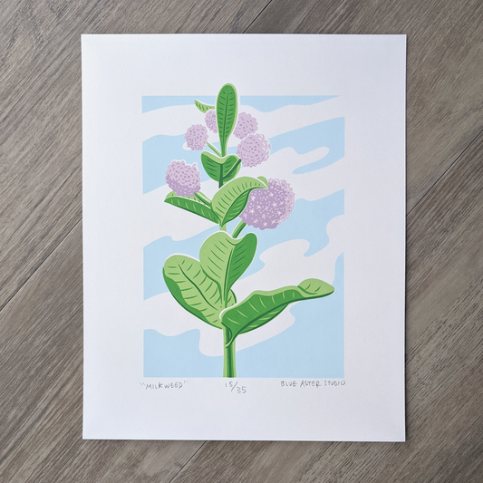 An original screen print of a common milkweed plant in full bloom. Printed in six colors (three shades of green, blue, and two shades of pink)