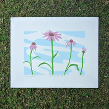 Load image into Gallery viewer, A screen print of four echinacea flowers against a sky blue background.