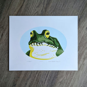 A portrait of a frog. 