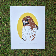 Load image into Gallery viewer, A red-tailed hawk portrait screen printed in four colors.