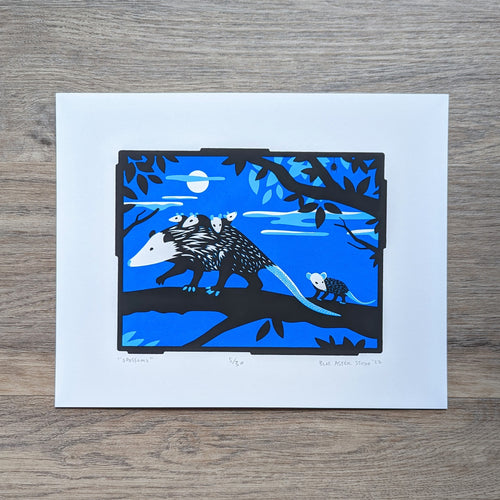 A screen print of an opossum mama carrying her babies on her back while one follows behind on a moonlit tree branch.
