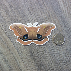 Vinyl sticker of a polyphemus moth sitting next to a US quarter for scale.