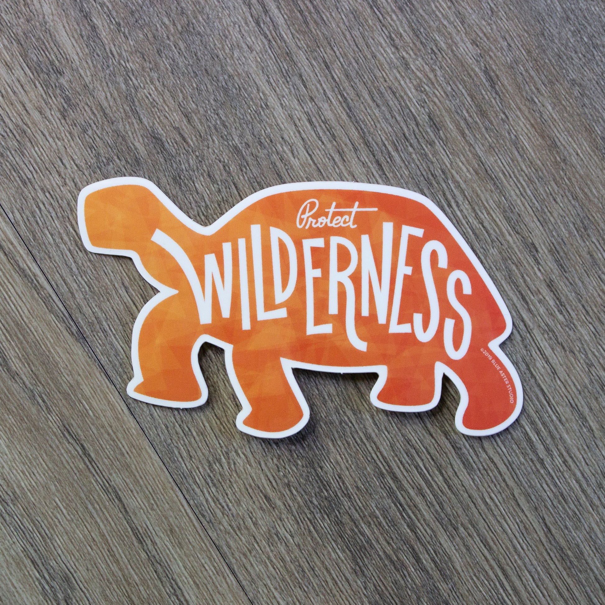 A vinyl sticker in the shape of a desert tortoise silhouette with the words Protect Wilderness