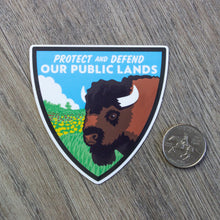 Load image into Gallery viewer, The Protect And Defend Our Public Lands Bison sticker sitting next to a USD quarter for scale.