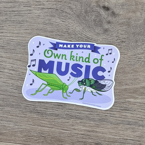 A vinyl sticker featuring illustrations of a katydid and cicada and the words 