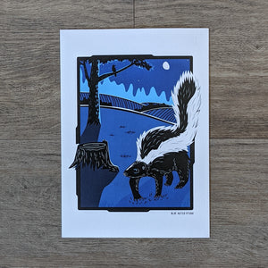A 5x7 art print of an illustration of a skunk out for a moonlit stroll.