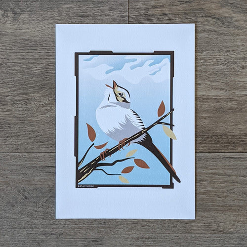 An art print of a singing sparrow perched on a tree branch.