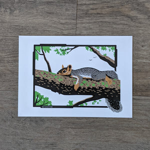An art print of a squirrel laying on a maple tree branch on a hot summer day.