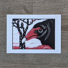 Load image into Gallery viewer, An art print of a turkey vulture face in profile in the foreground. There is a dead tree with another turkey vulture perched in it in the background.