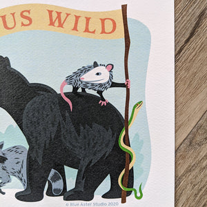 A close up of the art print showing the detail of the bear, opossum, and snake.