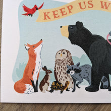 Load image into Gallery viewer, A close up of the art print showing the detail of the fox, rabbit, turtle, owl, raccoon, bear and bird.