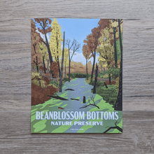 Load image into Gallery viewer, An art print featuring an illustration of Beanblossom Bottoms Nature Preserve. The illustration is of a wetland surrounded by autumn trees with a beaver swimming through the water.