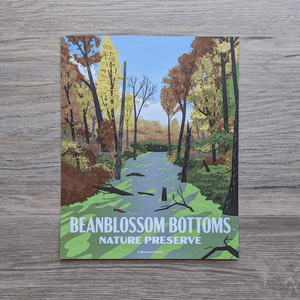 An art print featuring an illustration of Beanblossom Bottoms Nature Preserve. The illustration is of a wetland surrounded by autumn trees with a beaver swimming through the water.