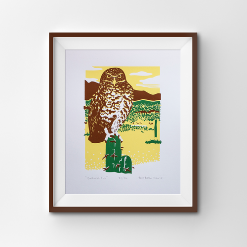 A screen print of a burrowing owl perched on a cactus.
