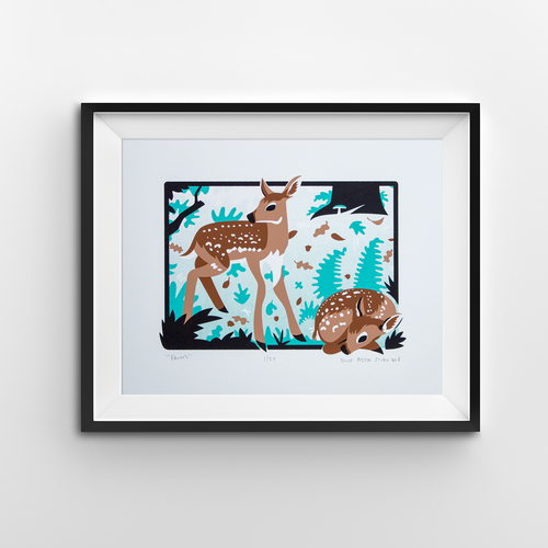 A screen print of two fawns in a woodland setting. One is curled up and the other standing by its side.
